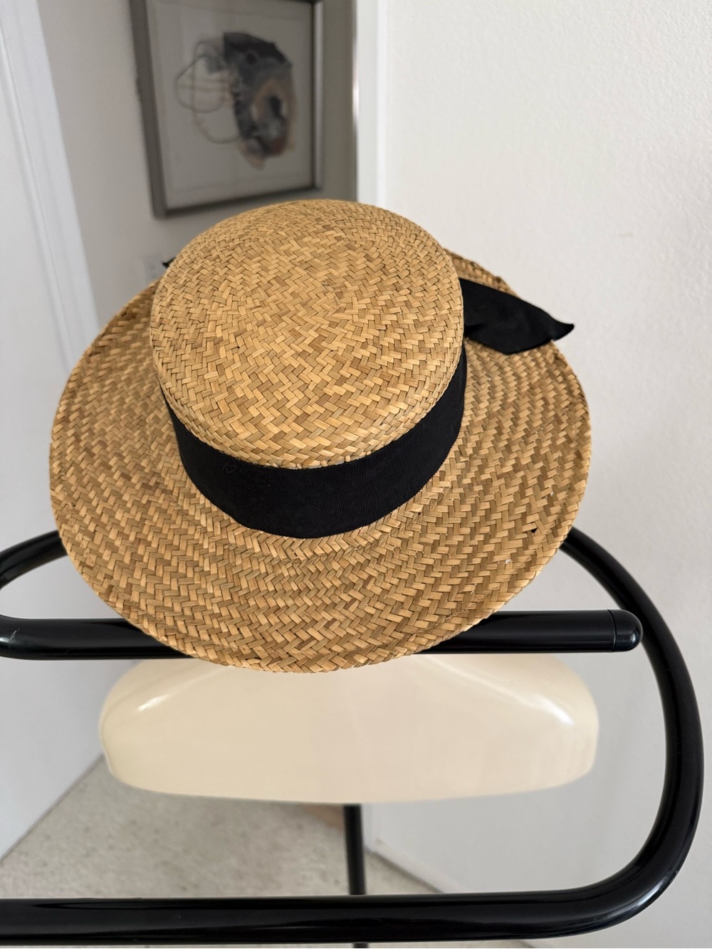Straw Boater Hat with Black Ribbon - Women Accessories